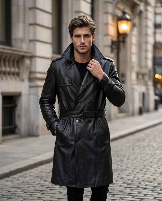 Men Belted Double Breasted Black Leather Trench Coat