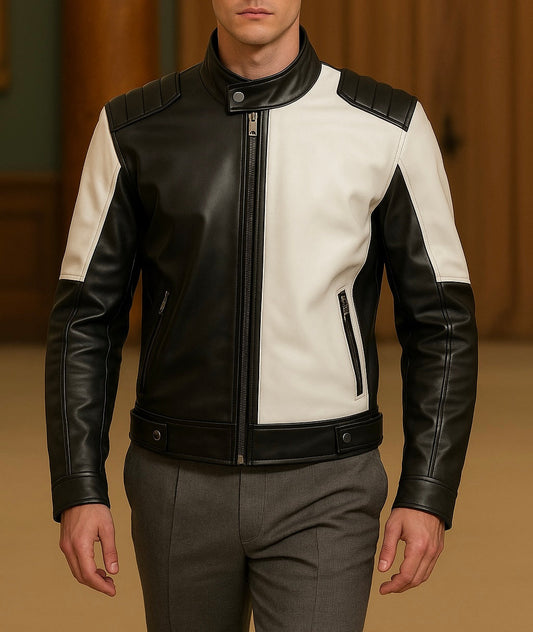 Men's Black and White Biker Leather Jacket