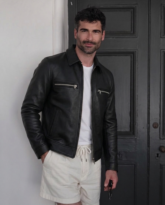 Men's Black Leather Biker Jacket with Zipper Pockets