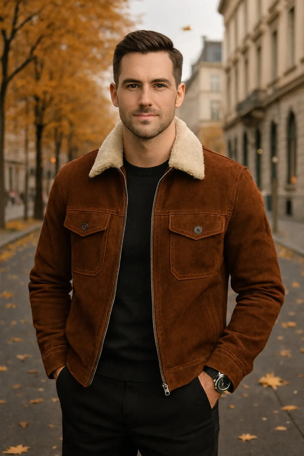 Men's Dark Brown Suede Shearling Collar Jacket Custom Leathers