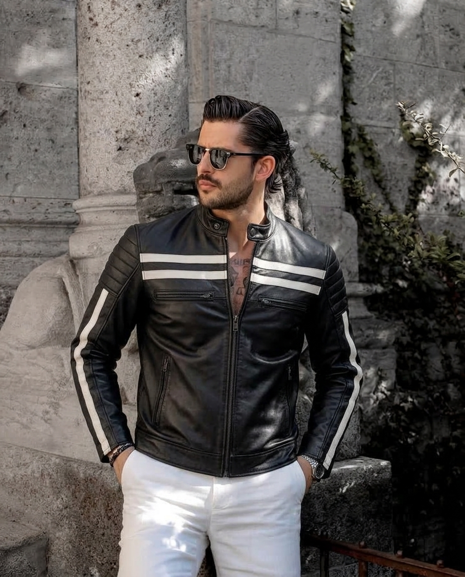Men's Black Leather Biker Jacket with White Racing Stripes