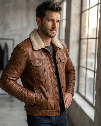 Men's Black Shearling Collar Leather Jacket