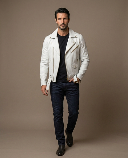 Men's Brown Leather Biker Jacket with Belt
