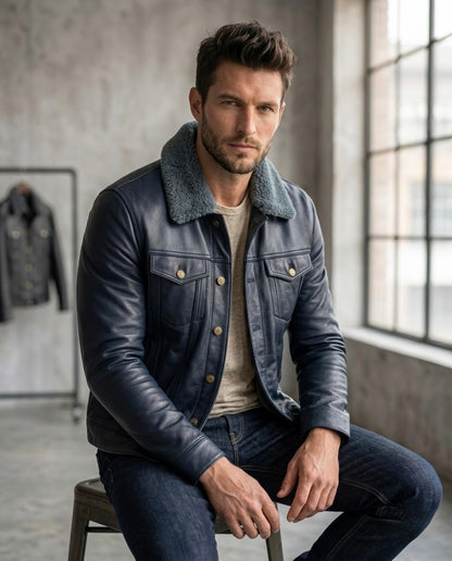 Men's Black Shearling Collar Leather Jacket