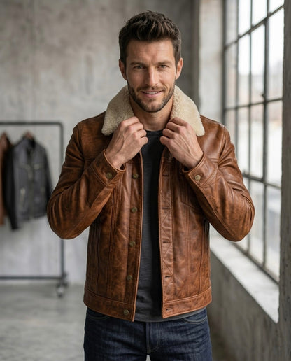 Men's Black Shearling Collar Leather Jacket