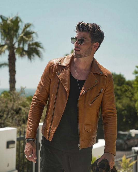 Men's Tan Leather Moto Jacket