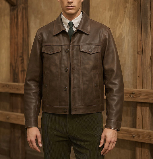 Men's Brown Leather Trucker Jacket