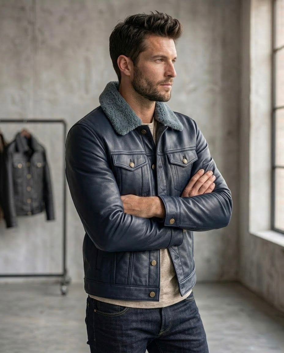 Men's Black Shearling Collar Leather Jacket