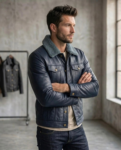 Men's Black Shearling Collar Leather Jacket