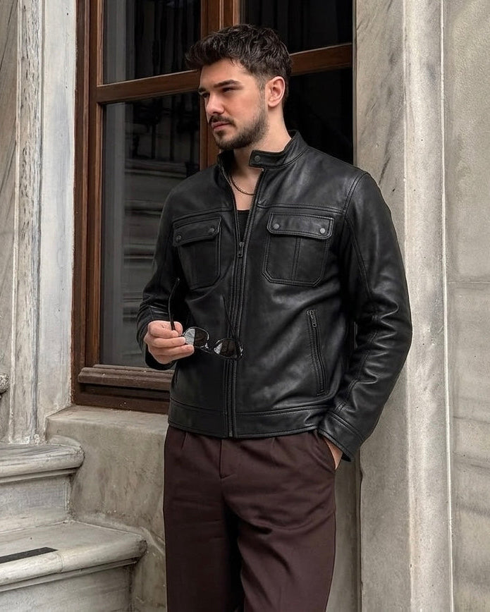 Men's Black Leather Utility Jacket