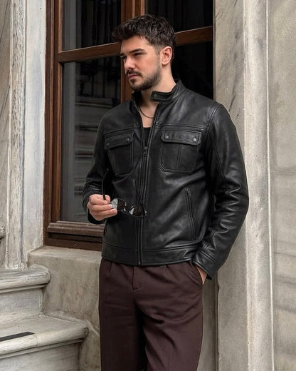 Men's Black Leather Utility Jacket