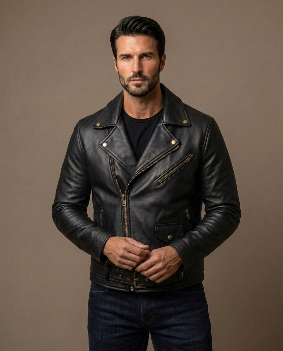 Men's Brown Leather Biker Jacket with Belt
