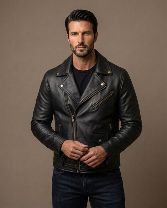 Men's Brown Leather Biker Jacket with Belt
