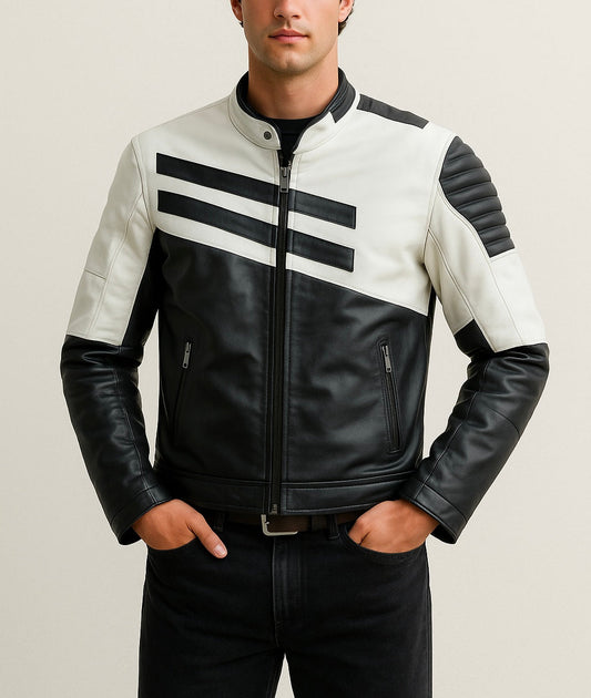 Men's Black and White Biker Leather Jacket