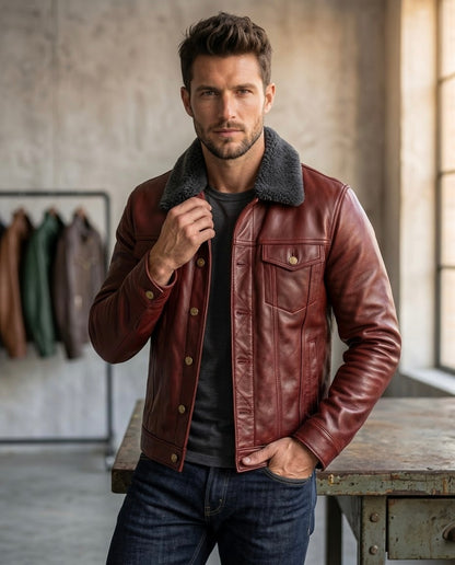 Men's Black Shearling Collar Leather Jacket