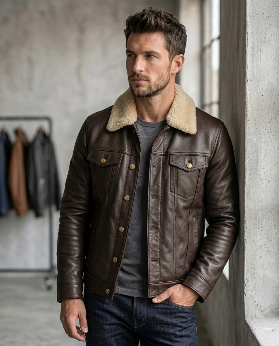 Men's Black Shearling Collar Leather Jacket