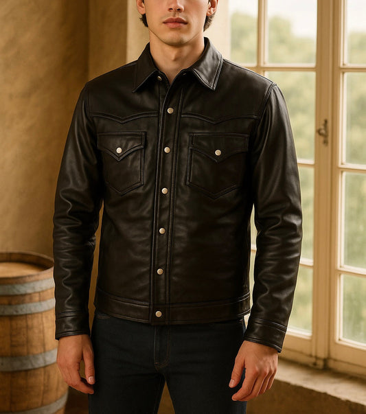 Men's Black Leather Trucker Jacket