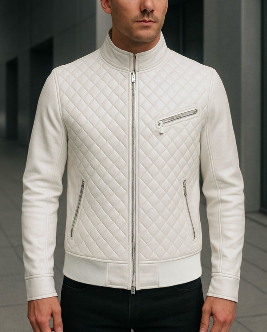 Men's White Quilted Leather Jacket