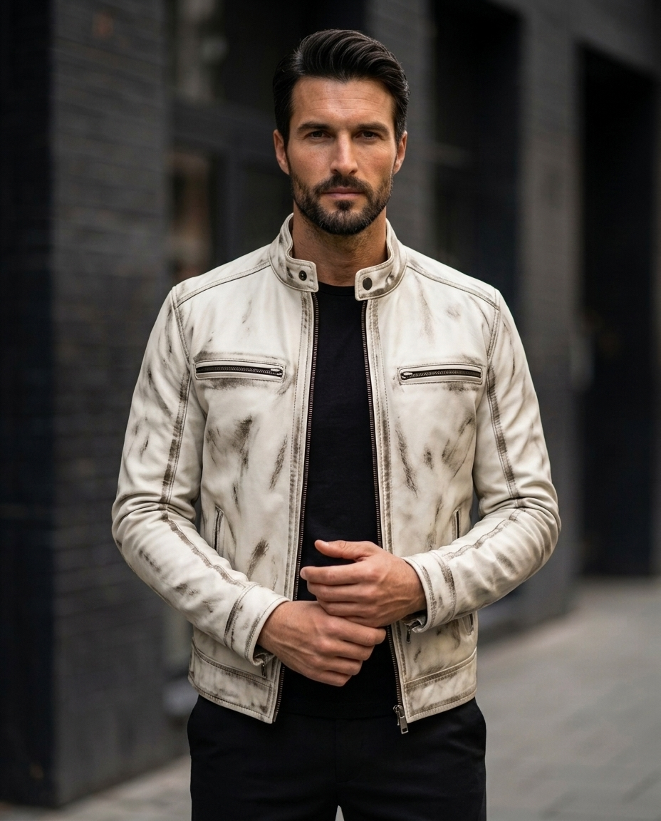Men's Distressed white Ruff-off  Leather Jacket with Stand Collar