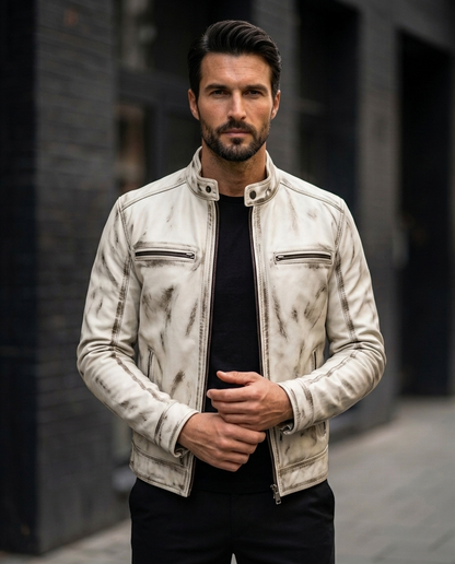 Men's Distressed white Ruff-off  Leather Jacket with Stand Collar