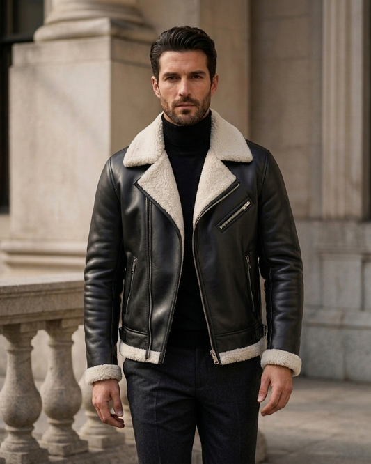 Men's Black Shearling Leather Jacket with White Fur Collar