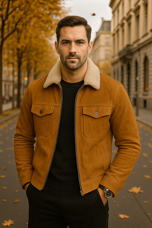 Men's Tan Suede Shearling Collar Jacket