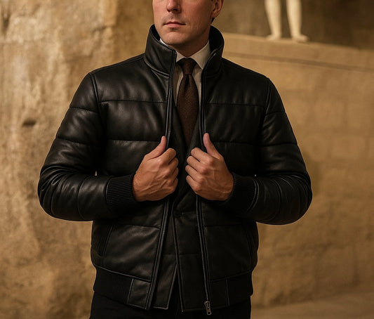 Men's Black Leather Puffer Jacket