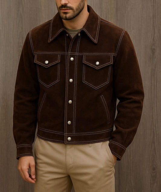 Men's Brown Suede Trucker Jacket