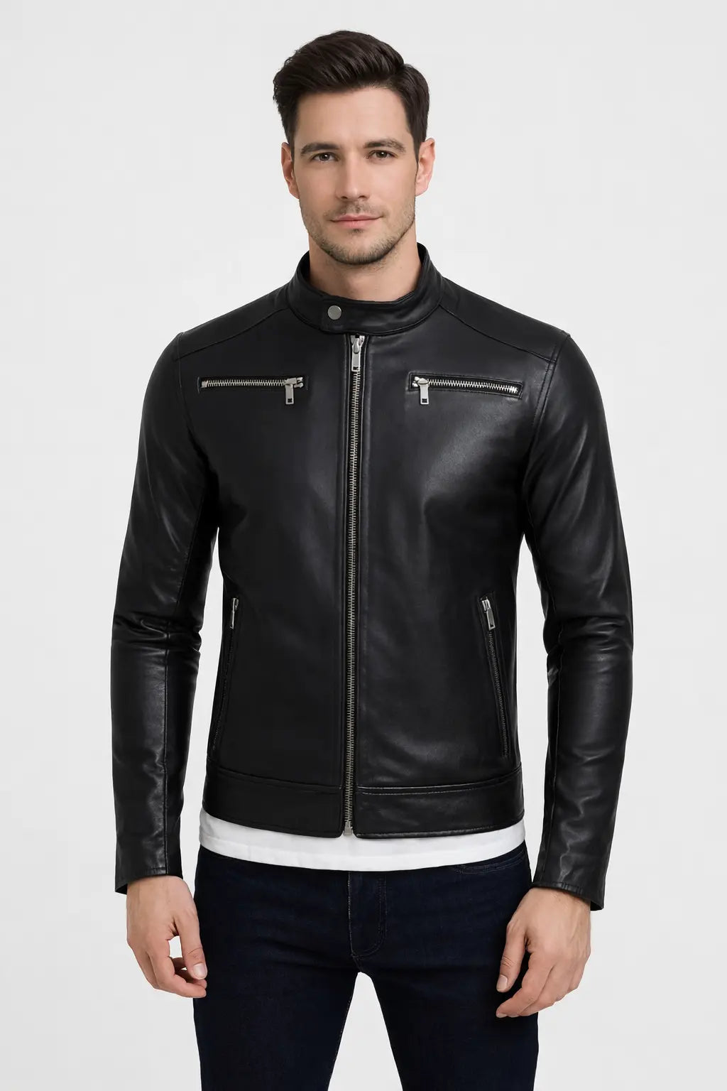 Men's Sleek Black Leather Biker Jacket with Zip Accents Custom Leathers