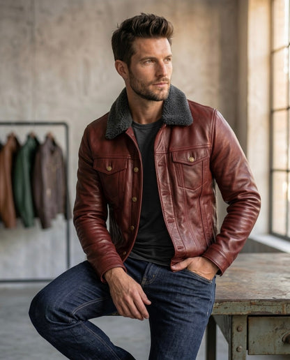 Men's Black Shearling Collar Leather Jacket