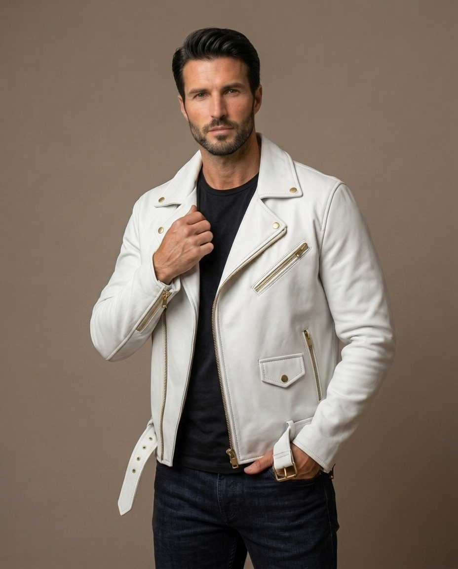 Men's Brown Leather Biker Jacket with Belt