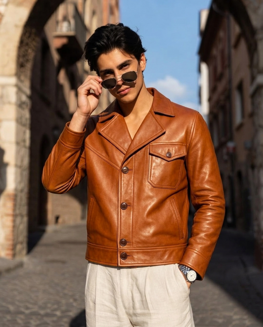 Men's Classic Cognac Brown Leather Jacket with Wide Lapel