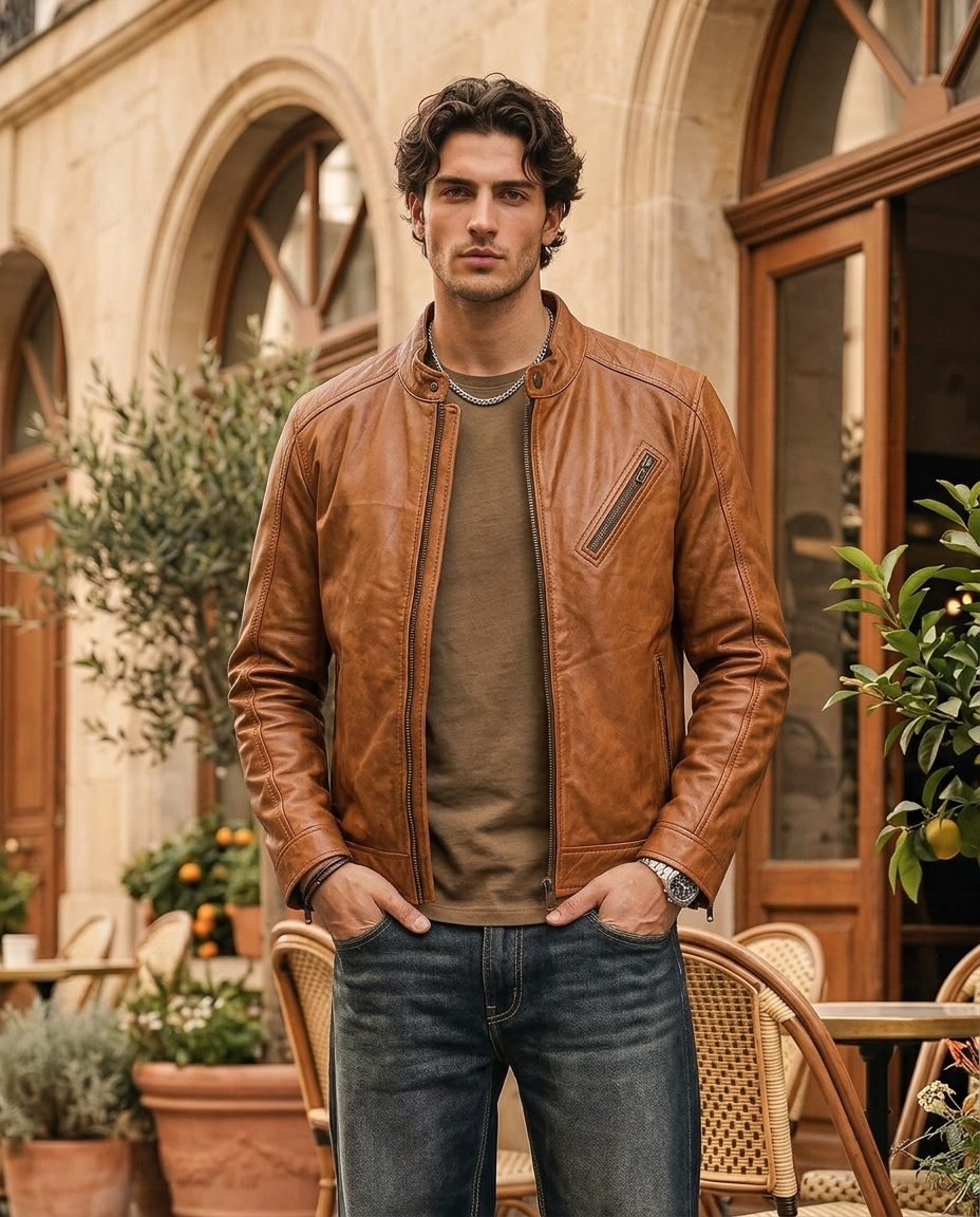 Men's Tan Leather Moto Jacket with Angled Zipper Pocket