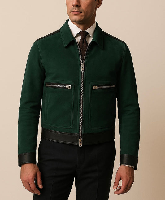 Men's Green Suede Bomber Jacket with Black Leather Trim