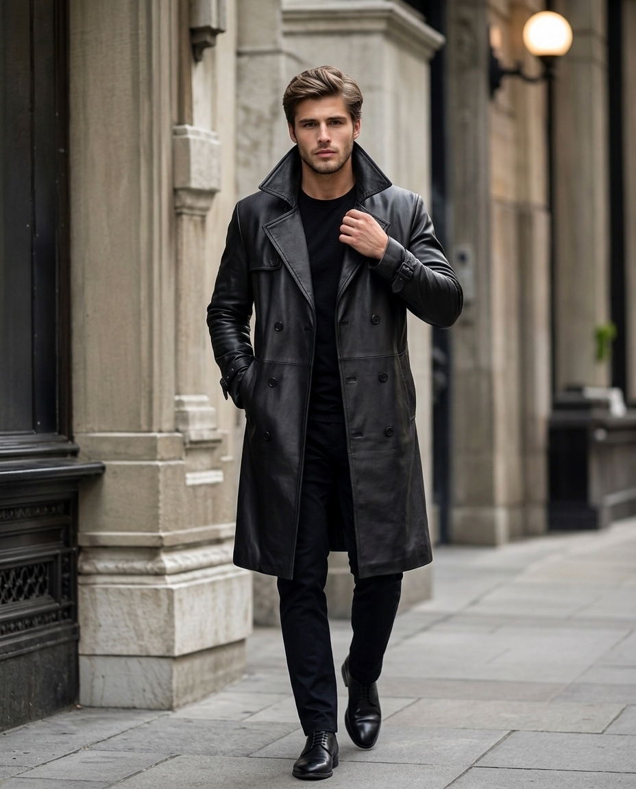 Men Belted Double Breasted Black Leather Trench Coat