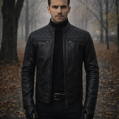 Men’s Olive Green Quilted Leather Biker Jacket Custom Leathers