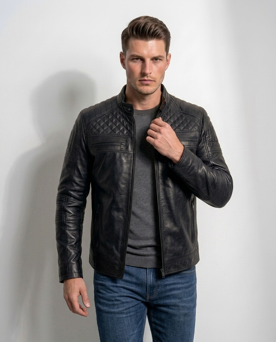 Men’s Olive Green Quilted Leather Biker Jacket