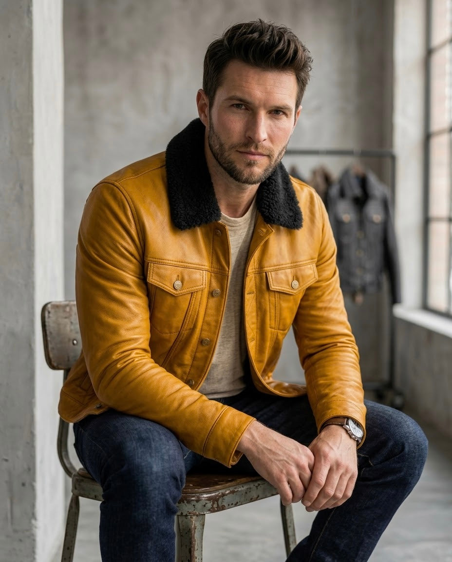 Men's Black Shearling Collar Leather Jacket