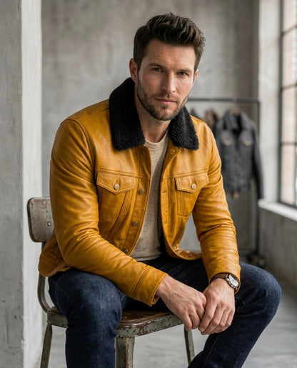 Men's Black Shearling Collar Leather Jacket