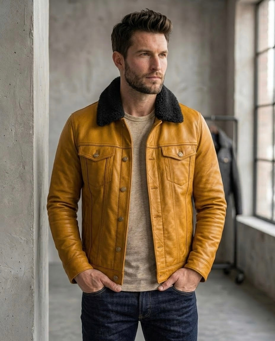 Men's Black Shearling Collar Leather Jacket