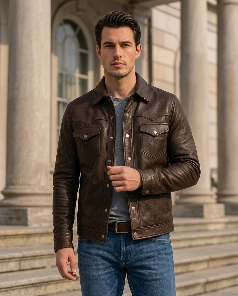 Men's Dark Brown Western-Style Leather Jacket