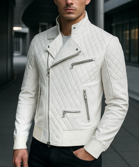 Men's White Quilted Leather Biker Jacket