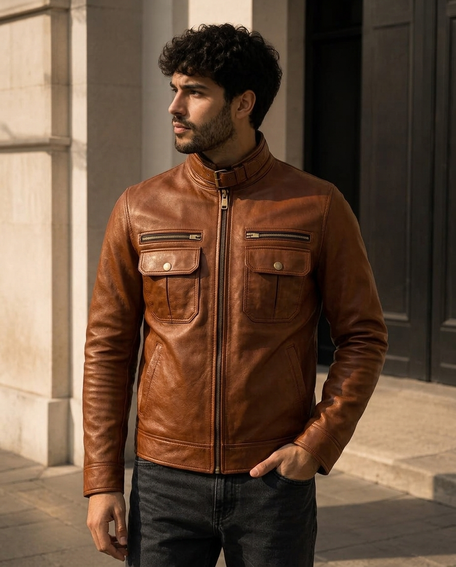 Men's Cognac Brown Leather Jacket with Buckle Collar