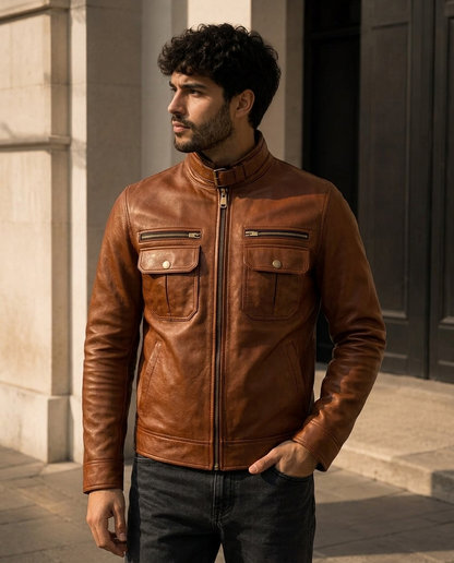 Men's Cognac Brown Leather Jacket with Buckle Collar