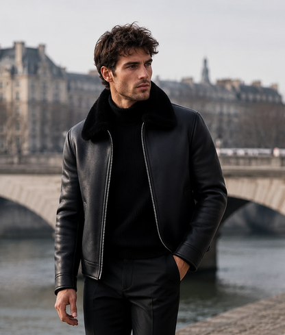Men's Shearling-Lined Black Leather Bomber Jacket