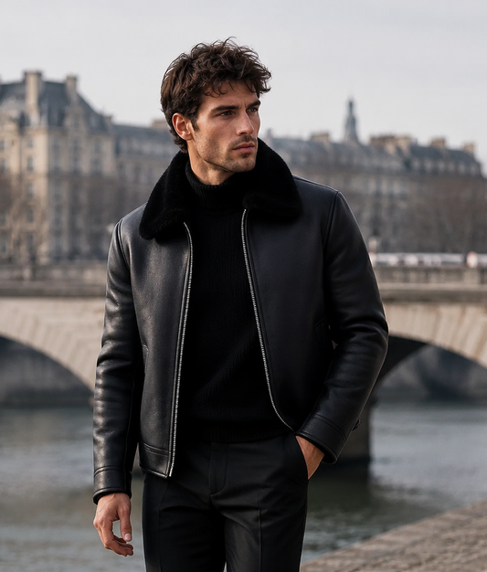 Men's Shearling-Lined Black Leather Bomber Jacket