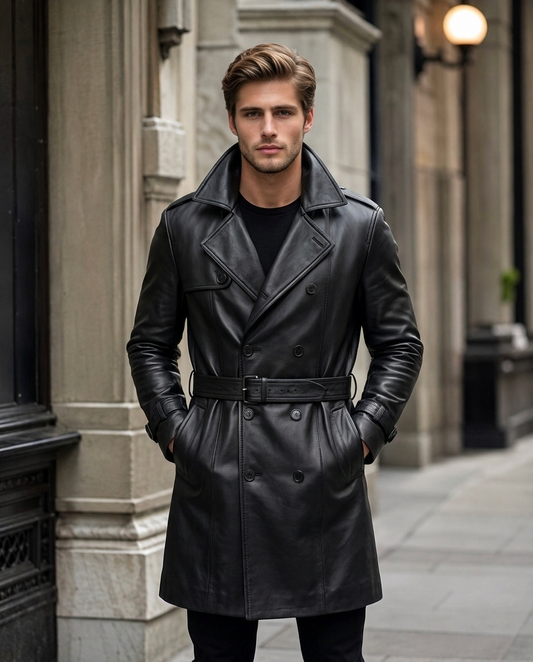 Men Belted Double Breasted Black Leather Trench Coat