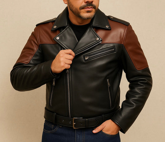 Men's Black & Brown Biker Leather Jacket with Belted Waist