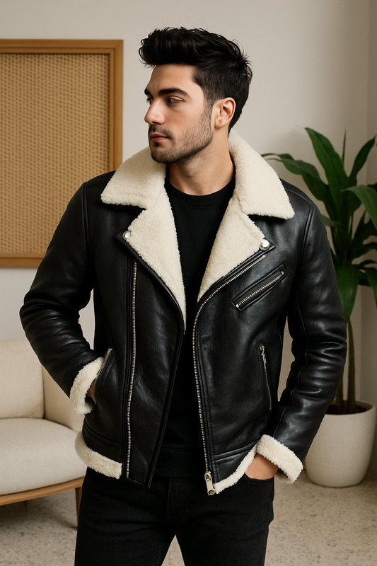 Men's Black Shearling Leather Jacket with White Fur Collar
