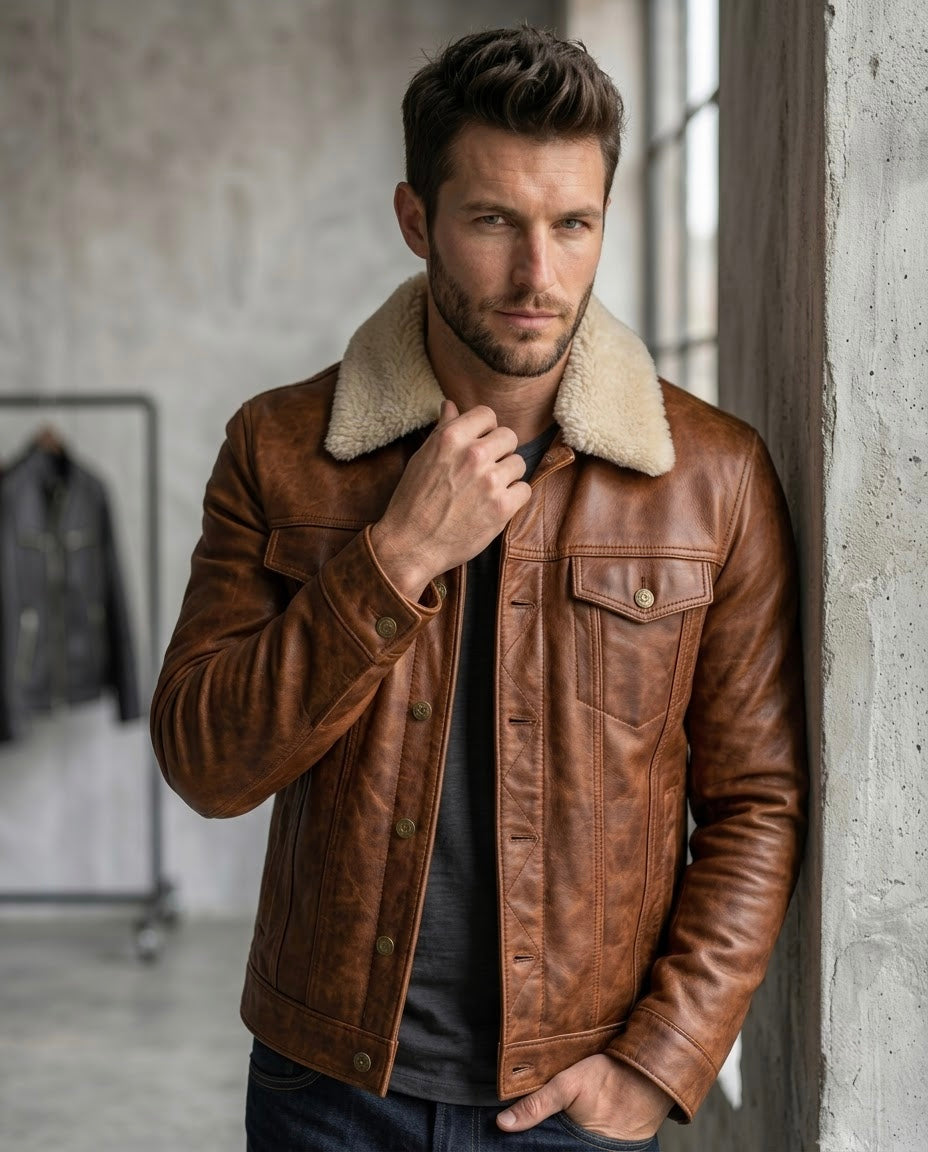Men's Black Shearling Collar Leather Jacket